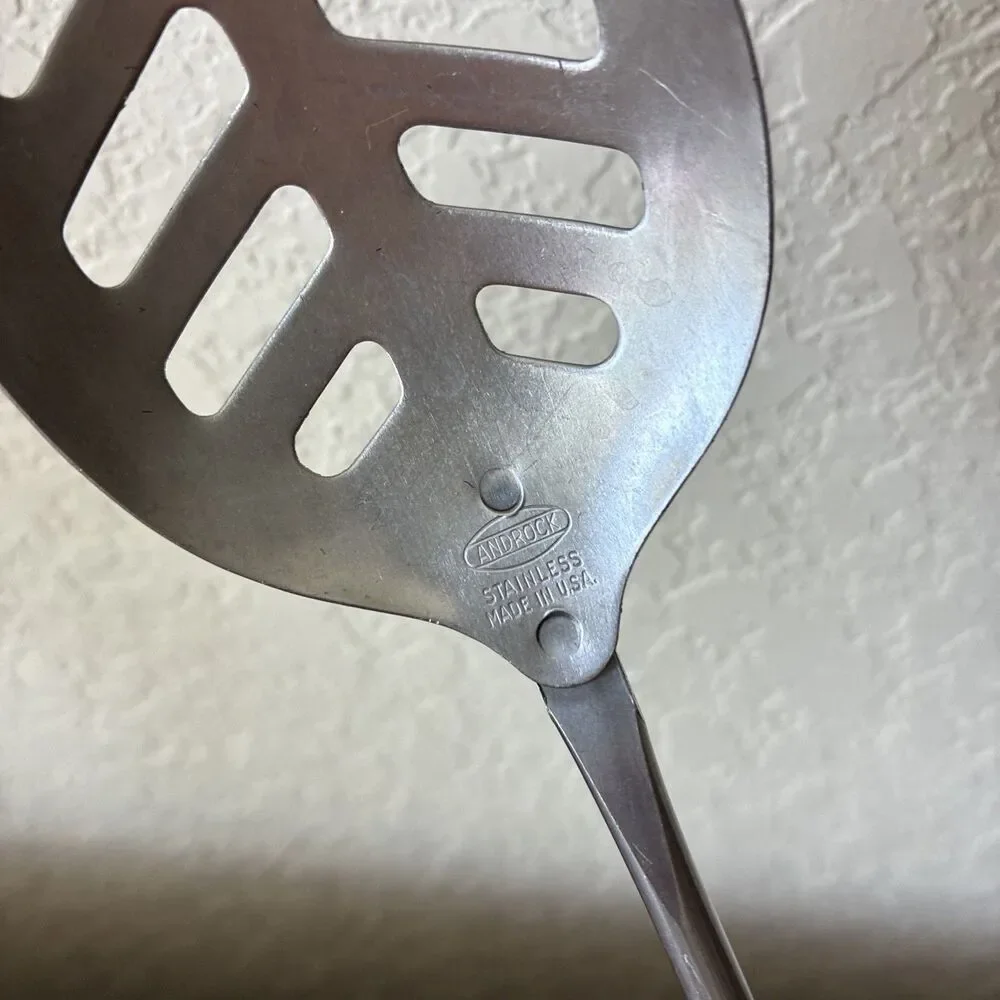 Vtg Androck Slotted Serving Spoon, Catalin Bullet Handle Stainless, USA, 1930s